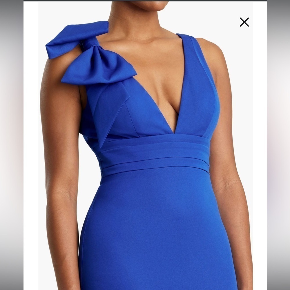 NWOT Mac Duggal Bow Royal Blue Shoulder V-Neck Gown sz  0 - Picture 2 of 7